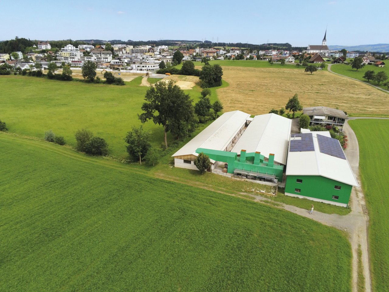 Das Dorf Rain LU wächst immer weiter in Richtung Schweinestall der Familie Bucheli. Dank dem Bioluftwäscher (an der Stirnseite des mittleren Gebäudes) stinkt es nicht. Bild: die grüne/Martina Rüegger