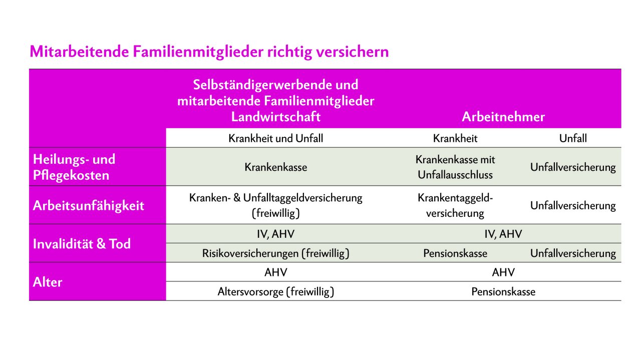 In der Landwirtschaft werden familieneigenen und familienfremde Angestellte versicherungstechnisch unterschiedlich behandelt. Um Über- und Unterdeckungen der familieneigenen Angestellten zu verhindern, lohnt sich eine regelmässige Überprüfung der Versicherungs-Situation. Quelle: Agrisano