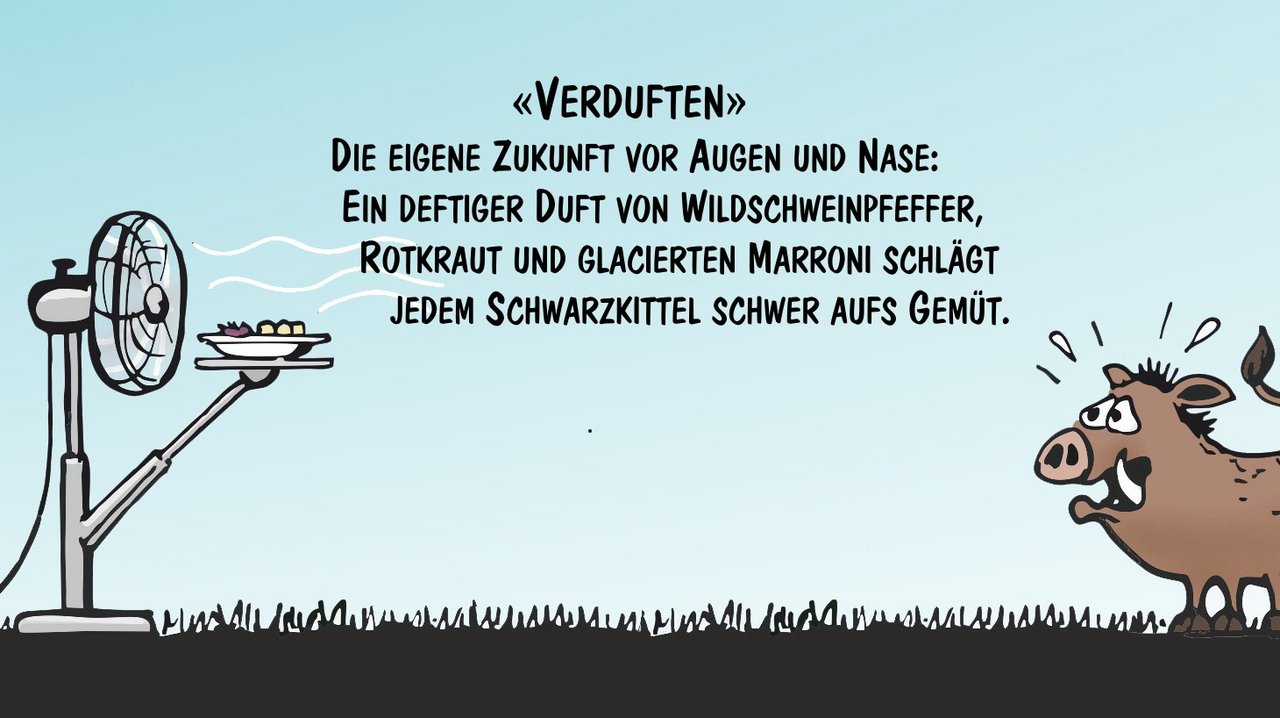 Neue Vergrämungstaktiken gegen Wildschäden. Cartoons von Marco Ratschiller / Karma für «die grüne»