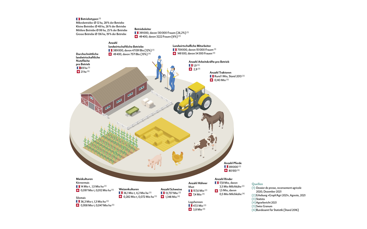 Die Daten der Grafik stammen aus diesen Quellen: Quellen   (1) Dossier de presse, recensement agricole 2020, Dezember 2021  (2) Erhebung «Graph’Agri 2021», Agreste, 2021  (3) Statista  (4) Agrarbericht 2021  (5) Swiss Granum  (6) Bundesamt für Statistik (Stand 2016)