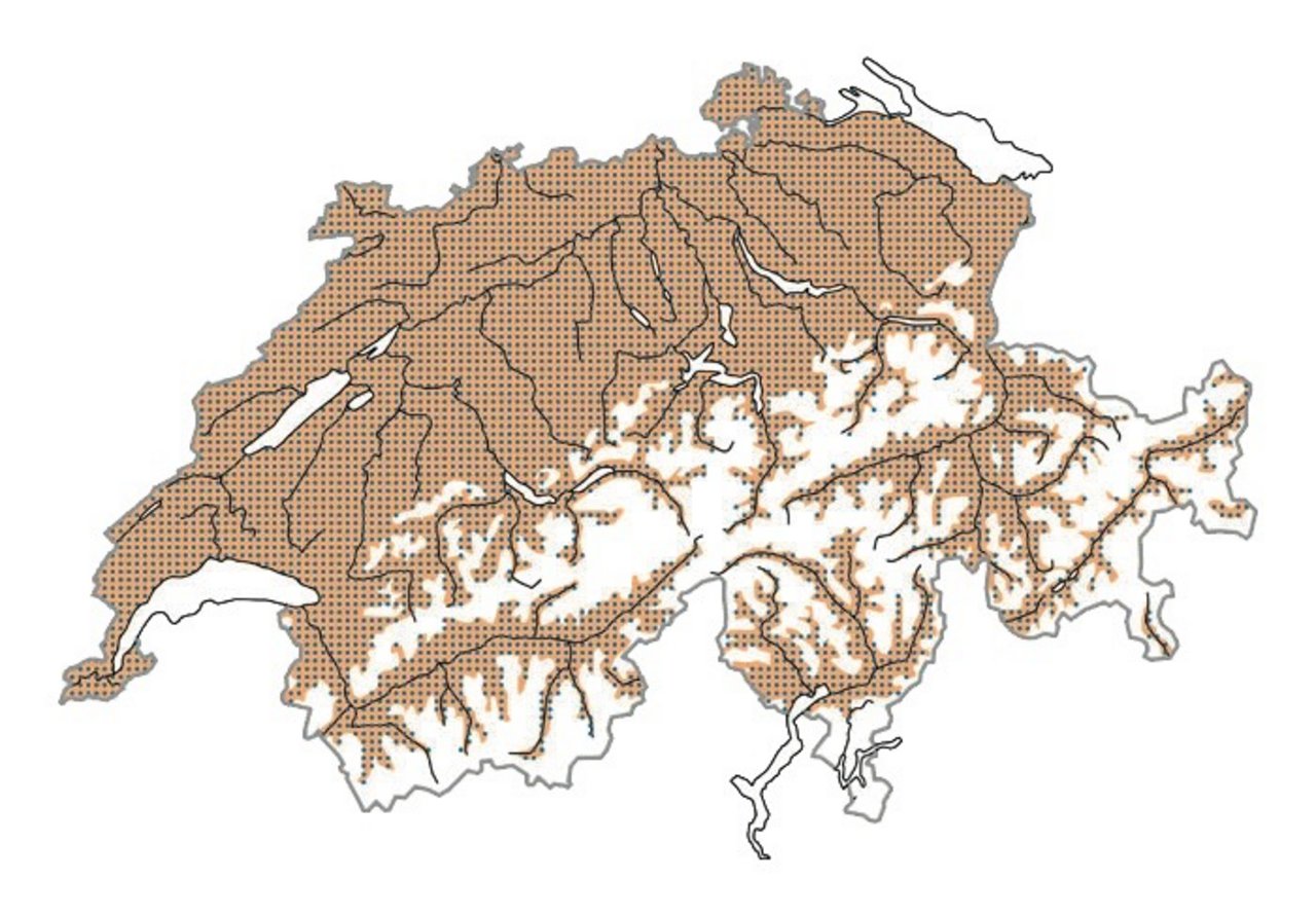 Verbreitung des Spatz in der Schweiz. Zur Brutzeit = Ocker	im Winter = Blau	zur Zugzeit = Rot  Karte: Vogelwarte